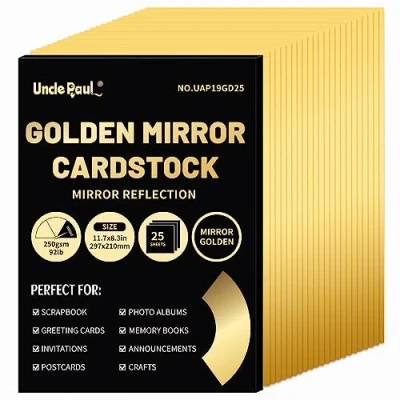 Imagen de cartulina con efecto espejo dorado A4, 25 hojas, 250 g/m²/92 lb, papel reflectante metálico para manualidades, laminada proyectos de bricolaje, decoración cumpleaños, UAP19GD25