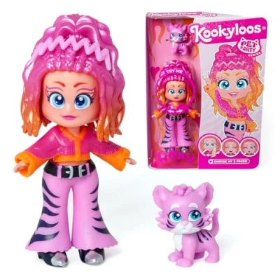 Imagen de Kookyloos Serie Pet Party Roxy muñeca coleccionable con un tigre de mascota. Incluye la Roxy, 1 mascota, ropa y zapatos moda accesorio. ¡1 muñeca, 3 caras diferentes!