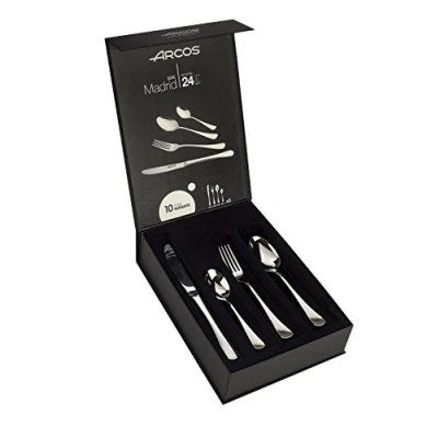Imagen de Arcos Serie Madrid, Cubertería de 24 piezas en Caja Regalo, 6 Cuchillos + 12 Cucharas Tenedores, Monoblock una pieza Acero Inoxidable, Color Plata