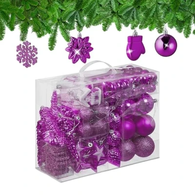Imagen de Relaxdays Set 100 Bolas Árbol Navidad, Bolitas Navideñas Brillantes, con Purpurina y Mate, 10 Diseños, Fucsia, 9 x 8,5 2,5 cm