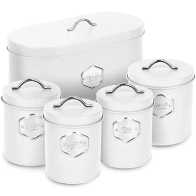 Imagen de HEFTMAN juego de recipientes cocina blancos Elegante 5 almacenamiento para pan, galletas, azúcar, café, té, hermético,
