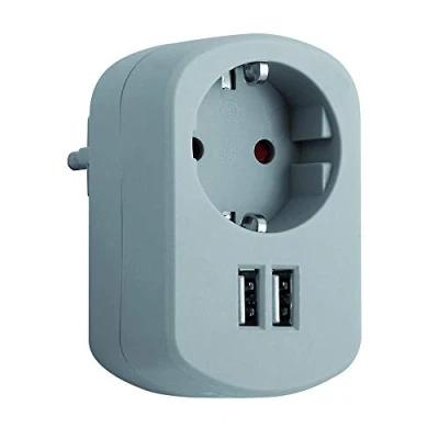 Imagen de SIMON Adaptador Combi, de Viaje con Toma Schuko 16A y 2 Enchufes USB, Corriente Carga Pared, Ladrón Color Gris Ceniza