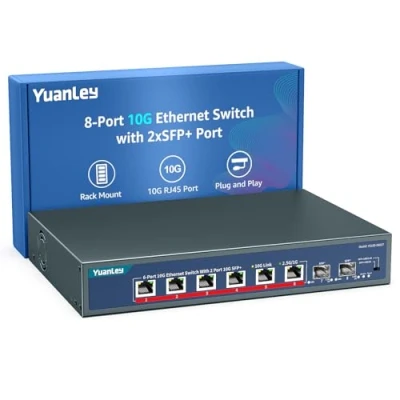 Imagen de Switch Ethernet 10G de 8 Puertos YuanLey, 6 RJ45 10Gbps, 2 SFP+ 10Gbe, Compatible con Auto negociación Velocidad 10G/5G/2.5G/1G/100Mbps, Capacidad 160Gbps, Sin Gestión