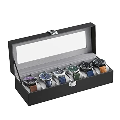 Imagen de SONGMICS JWB06BK caja de reloj con 6 ranuras, reloj, pantalla, tapa cristal, almohadillas extraíbles, cerradura metal, revestimiento negro y forro gris