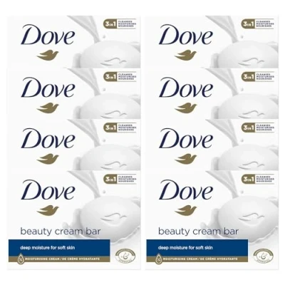Imagen de Dove Orginal Beauty Cream Bar 3 en 1, limpia, hidrata y nutre, jabón de baño sin sulfatos para una piel suave flexible, apto uso diario, 8 unidades 90 g