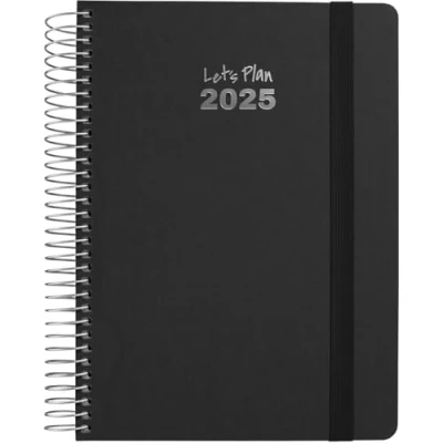 Imagen de Grafoplas Agenda 2025 Dia Por Pagina Tamaño 15x21cm Fancy Negro Español Espiral Tapa Dura Forrada Tela Cierre Goma Vertical Esquinas Redondeadas Incluye Pegatinas Certificada FSC