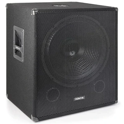 Imagen de Vonyx SWA18 Subwoofer PA Activo 46cm (18&quot;) (500W Potencia máx, Conectores XLR RCA, Brida Estándar, Bass Reflex, Asa Transporte), para DJ con Soporte y Revestimiento de Fieltro Negro