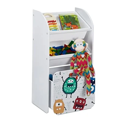 Imagen de Relaxdays Estantería Infantil con 3, Monstruos, Librería Niños Ruedas, 80,5x42,5x30 cm, Cajas Juguetes, Blanco, Tablero de Fibras