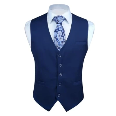Imagen de Enlision Chaleco Vestir Azul Marino Hombre Elegante Chalecos Traje de Boda Color Liso Formal Negocio con Bolsillo XL