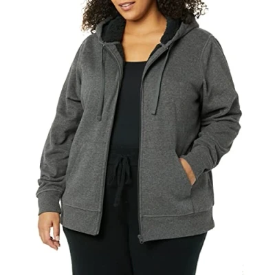 Imagen de Amazon Essentials Chaqueta en felpa y forro de borreguillo con capucha cremallera completa (disponible tallas grandes) Mujer, Carbón Mezcla, XXL