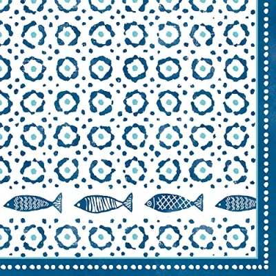 Imagen de 20 servilletas de peces en círculos azules, decoración mesa, decoupage, técnica servilletas, 33 x cm