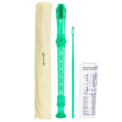 Imagen de World Rhythm Flauta dulce soprano escolar de 3 piezas, incluye barra limpieza, tabla dedos y bolsa transporte, color verde WR 802
