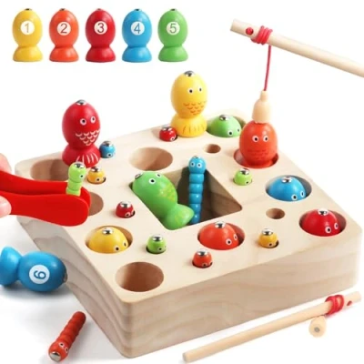 Imagen de Juguetes Niños 2 3 Años, Juego de Pesca para con 10 Peces y Orugas, Juegos Educativos Montessori Años Magneticos Madera Regalos Cumpleaños Navidad Niña 4