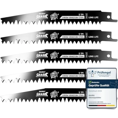 Imagen de BAURIX® Sierra Sable para madera SHARK® [5 piezas] 150 mm 5 TPI Hojas cortes rápidos y limpios de en bruto, húmeda, leña, viva
