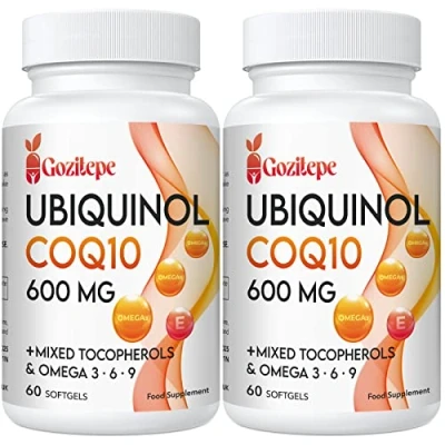 Imagen de Ubiquinol CoQ10 600 mg cápsulas blandas con Omega 3, 6, 9 y vitamina E, 30 raciones Suplemento de coenzima Q10 para una mayor absorción (60 unidad (Paquete 2))