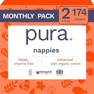 Imagen de Pura Eco Baby Nappies Size 2 (3 6kg / 6 13lbs), x 29 (174 Total), Monthly Pack, Ultra Soft for Sensitive Skin, Organic Cotton, Wetness Indicator, Umbilical Cord Cutout