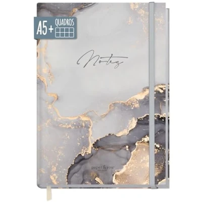 Imagen de paper&amp;you® cuaderno A5+ cuadriculado con banda elástica [Mármol Gris] 156 páginas, 78 hojas como bullet journal, agenda, sostenible y climáticamente neutro