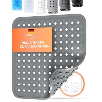 Imagen de Lichttenheim alfombrilla de ducha antideslizante y sensible a la piel 53 x cm incluye 2 ganchos para bañera con rombos sin BPA resistente al moho lavable (antracita)