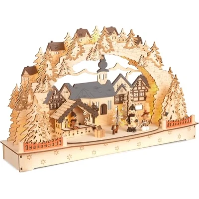 Imagen de BRUBAKER Arco de Velas 3D Gran Aldea Navideña Luces Navidad LED en Madera Natural 27 x 45 12 cm Decoración Pintada a Mano para Mesa y Alféizar Ventana