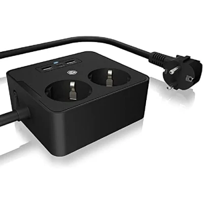 Imagen de ICY BOX Enchufe múltiple de 2 Compartimentos con USB C, regleta Viaje, para Montar en la Mesa o Pared, Cable extensión 1,90 m, Cargador 3 Puertos USB, se Puede encender y Apagar.
