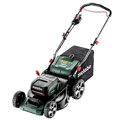 Imagen de Metabo Cortacésped de 18 V (sin batería, ancho corte 46 cm, incluye bolsa para hierba 55 l, altura 25 80 mm, terrenos hasta 800 m3), 601606850, color verde