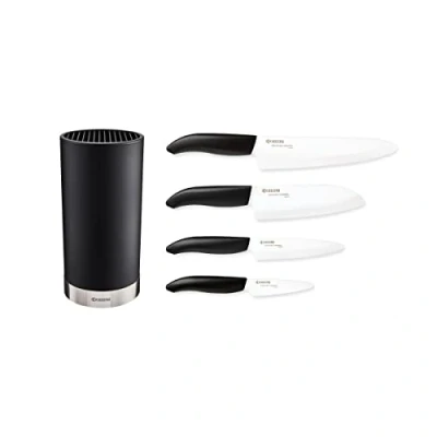 Imagen de KYOCERA Juego de cuchillos cerámica con cuchillo pelar GEN, multiusos, universal y Santoku bloque redondo para 8 cuchillos, KB RD BK 4KN FK EU