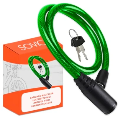 Imagen de candado bicicleta cable de Acero resistente 60 cm cierre avanzado con llave seguro robusto practico facil guardar bici antirrobo cadena verde