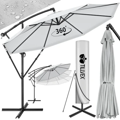 Imagen de tillvex 300 cm Sombrilla Excentrico con Manivela, Funda y protectora de cabrestante Parasol para Terraza Jardín Balcón Patio giratorio 360º, Protección UV
