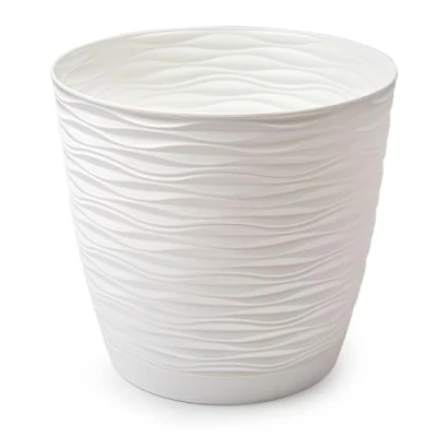 Imagen de Tradineur Maceta Redonda con Plato Diseño Wind (Ø 27 cm) Fabricado en plástico Ideal para jardín Exterior, terraza o balcón Color Blanco