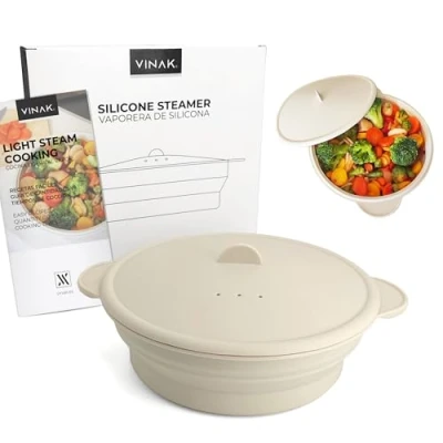 Imagen de VINAK Vaporera de silicona para microondas y horno Estuche vapor plegable 1200 ml. Papillote Cocina al forma rápida saludable, fácil limpiar en lavavajillas.