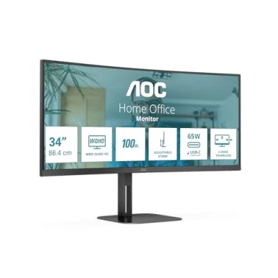 Imagen de AOC CU34V5CW Monitor QHD curvo de 34 pulgadas,100Hz, VA, WebCam, USB C Docking,65W , Hub, ajustable en altura, altavoces (3440 x 1440 100Hz, 300 cd/m² HDMI 2.0/ DP 1.2 / 3.2 alt)