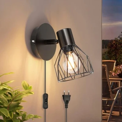 Imagen de Kimjo Lámparas de Pared Negro Iluminacion Led E14 Ajustable Vintage Aplique Metal Apliques Dormitorio Cocina Pasillo 40W Bombilla No Incluida 2 Piezas