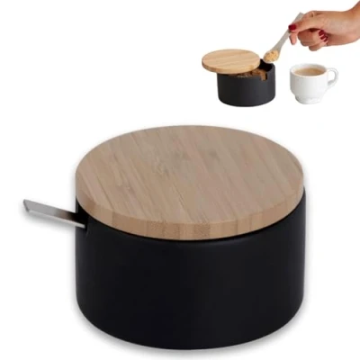 Imagen de KOOK TIME azucarero original cerámica con tapa de madera Bambú y Cucharilla acero inoxidable Uso ideal como salero Medidas: 12.5 x10 x 6.5 cm. color: Negro