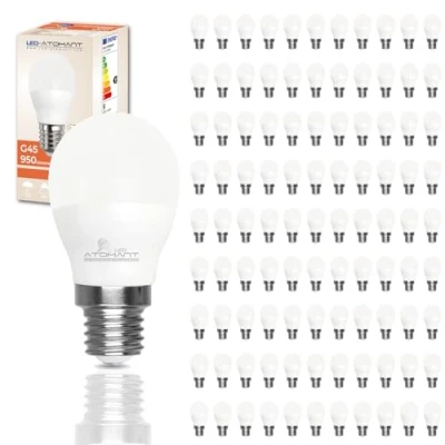 Imagen de LED ATOMANT Pack 100x Bombilla E27 G45 9W. Color Blanco Calido (3000K). 950 lumenes. Casquillo grueso. Equivalente 95W tradicional.