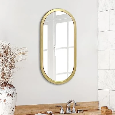 Imagen de Americanflat 31x61 cm Espejo Ovalado Dorado Illuminado con Marco para Baño, Sala de Estar, Tocador, Dormitorio Moderno Redondeado Montaje Vertical en la Pared