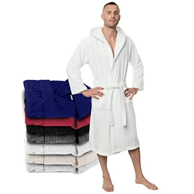 Imagen de Twinzen Albornoz Hombre Ducha con Capucha, L, Blanco, 100% Algodon OEKO TEX Bata Adulto Baño 2 Bolsillos y Cinturón