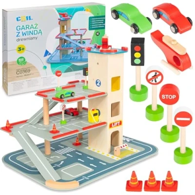 Imagen de COIL Estacionamiento para niños a partir de 3 madera juguete educativo S.T.E.M. garaje aparcamiento, juegos con ascensor, coches y accesorios, niños,