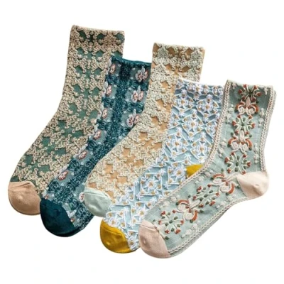 Imagen de 5 Pares Calcetines Mujer,Calcetines Mujer Divertidos,Calcetines Florales Para Algodon De Bordados Suaves Transpirables,Calcetines Vintage