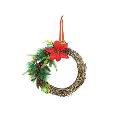 Imagen de HEITMANN DECO Corona de ratán con Ramas y Flores Natural/Verde/Rojo Aprox. 28 cm