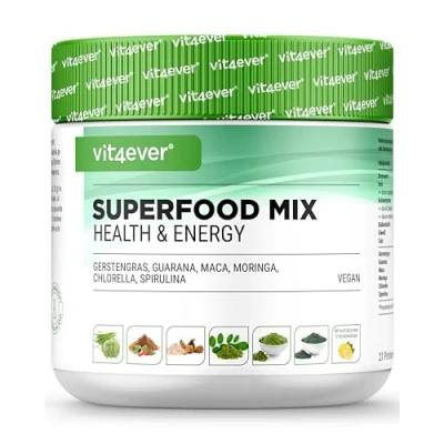 Imagen de Combinación de superalimentos 420 g polvo (batido) Con hierba cebada, guaraná, maca, clorela, espirulina, moringa Batido energético 100% natural sabor a limón Vegano