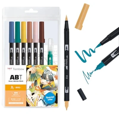 Imagen de Tombow ABT Dual Brush Pen Set MANGA Acuarela Bird, de 6 + Cepillo para tanque agua, Modelos colorear &amp; Video tutorial [ABT 6P BIRD]