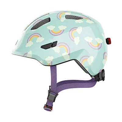 Imagen de ABUS casco infantil Smiley 3.0 LED de bicicleta con luz ajuste profundo y espacio para una coleta niñas niños azul claro estampado arco iris, talla S