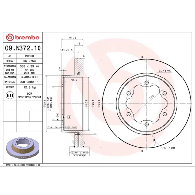 Imagen de BREMBO Disco de freno FORD: Transit Mk7 Furgoneta, Caja / Chasis 338mm 33mm 6 ventilación interna 09.N372.10 Discos freno,