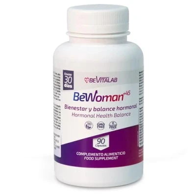 Imagen de BeWoman+45 BEVITALAB Tratamiento de la Menopausia Control Sofocos y los Síntomas Alivia Hichazón Abdominal Vientre Plano Lúpulo, Ashwagandha, Azafrán Ginkgo Biloba Fabricado en España
