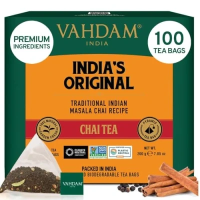 Imagen de VAHDAM, Original Masala Chai Té (100 Piramidales Bolsitas De Té) Bolsa Con Especias 100% Pura Y Natural Caliente, Frío O Como Kombucha