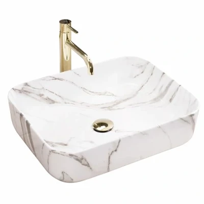 Imagen de Rea Lavabo sobre Encimera Half Aiax Brillante de Baño 550 x 395 130 mm Cerámica (Blanco, Imitación Mármol)