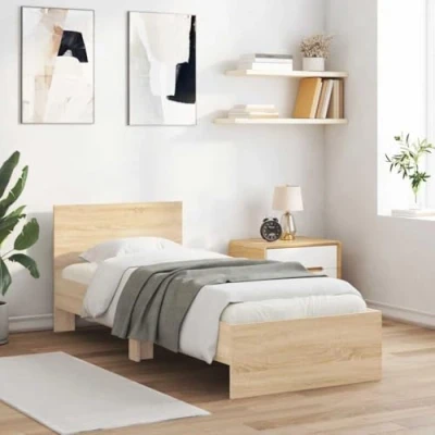 Imagen de vidaXL Cama con Cabecero, Somier de Invitados, Estructura Armazón Cama, Mueble para Dormitorio, Madera Ingeniería Roble Sonoma 90x190 cm