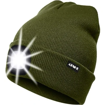 Imagen de ATNKE LED Luminoso Gorro Sombrero, USB Recargable 4 Gorras para Correr Super Brillante Impermeable Luz Invierno Cálido Regalos Hombre y Mujer/Armygreen
