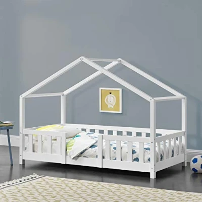 Imagen de Cama para niños de Madera Pino 80 x 160 cm Infantil con Reja Protectora Casita Forma casa Blanco Mate Lacado