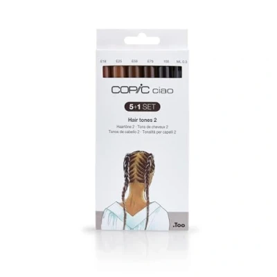 Imagen de COPIC Ciao 5+1 Set «Hair Tones 2», 5 rotuladores dobles con punta mediana y de pincel, incl. Multiliner negro 0,3 mm
